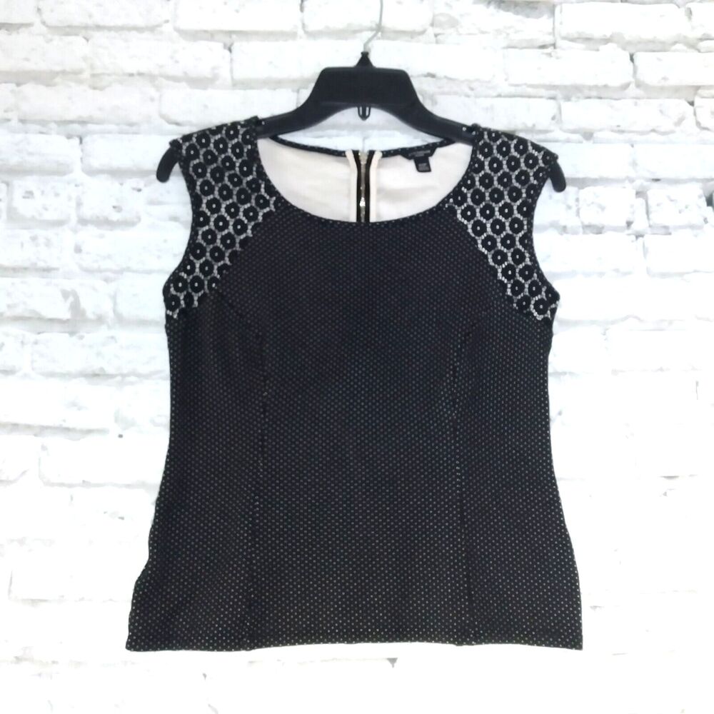 Ann Taylor Blouse Womens Petite XS Black Polka Dot Sleeveless Lace Trim Zip Back